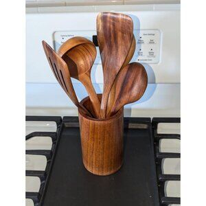 Natural Teak Wood 6Pcs Utensils Set Holder Non-stick wooden utensils durable